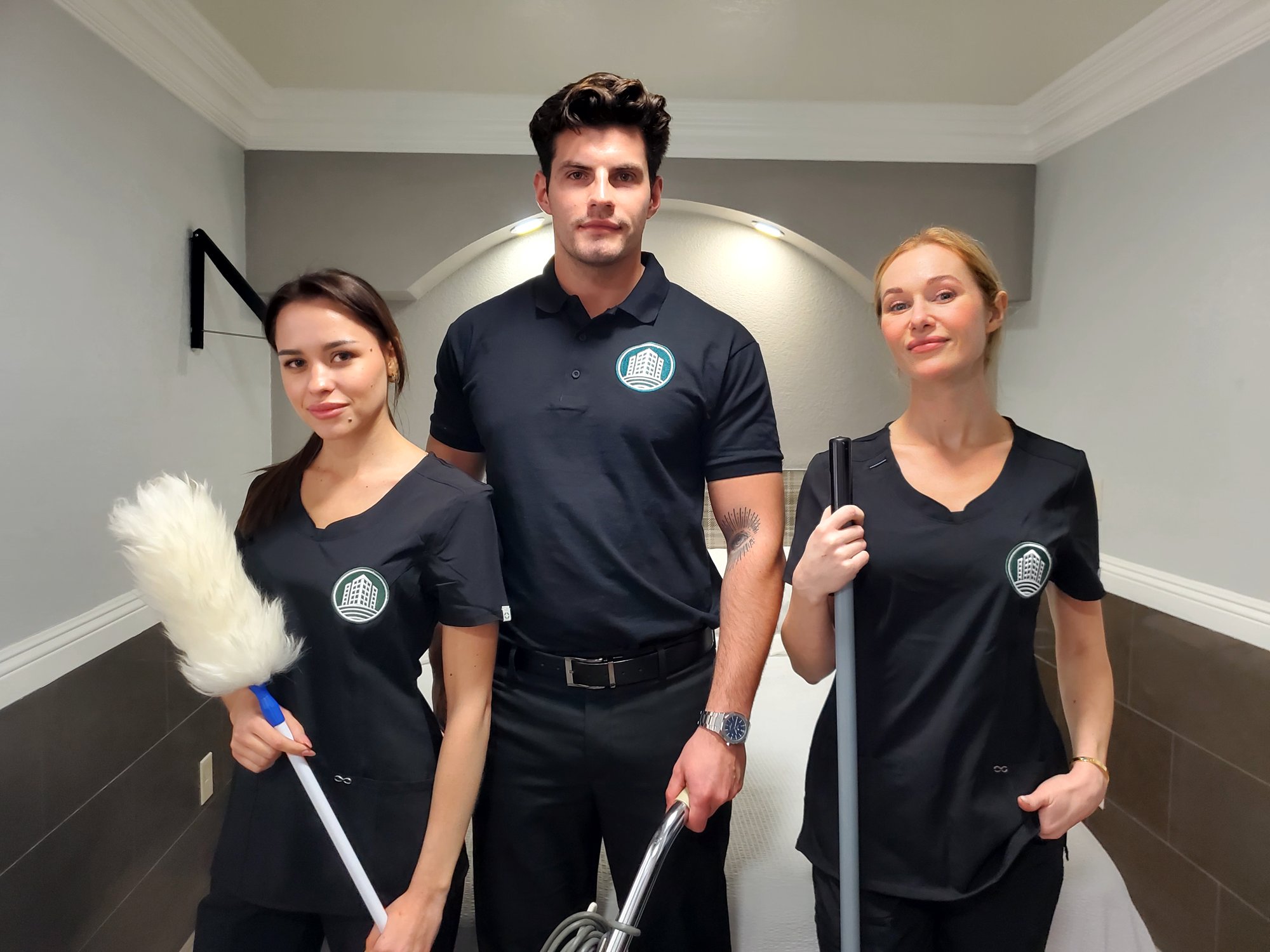 AmeriCorp hospitality staffing team with cleaning equipment